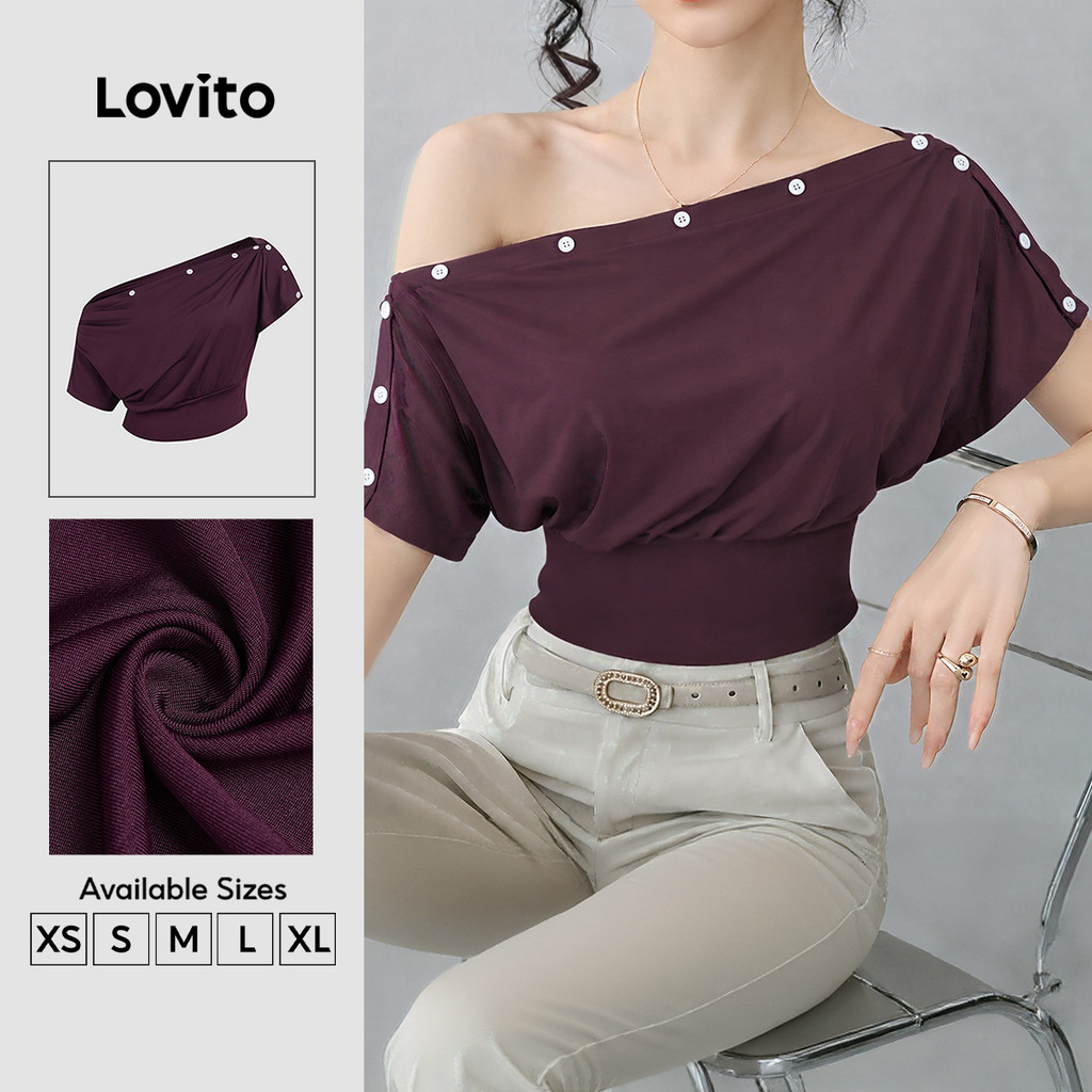 Lovito Elegante Camiseta Assimétrica de Botão e Prega Roxa Primavera/verão para mulheres TSK8P2D501