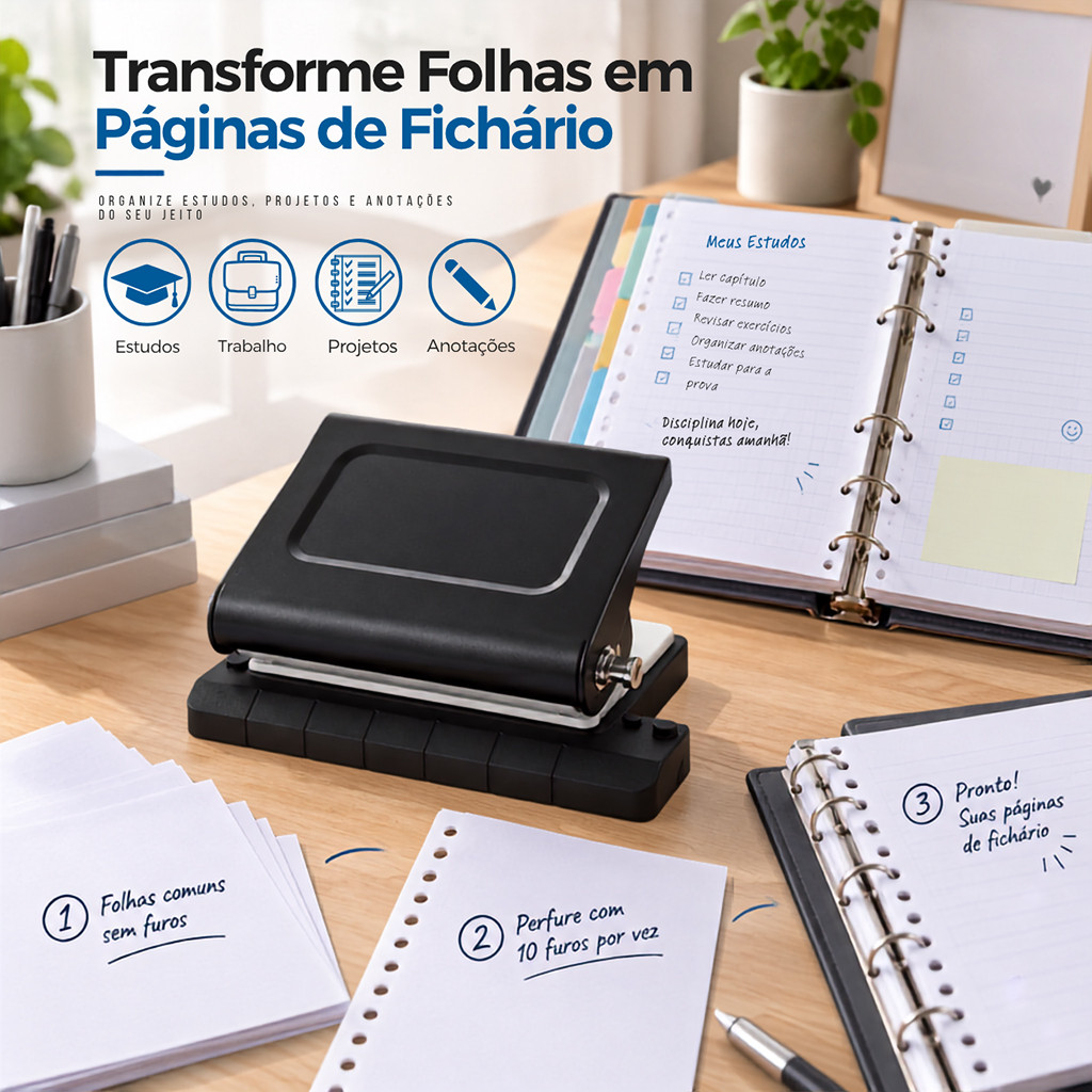Perfurador de Papel 10 Furos Manual Compacto para Fichário A4 A5 B5, Bullet Journal e Estudos