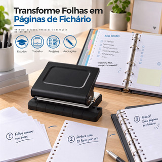Perfurador de Papel 10 Furos Manual Compacto para Fichário A4 A5 B5, Bullet