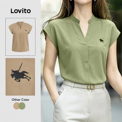Lovito Blusa Elegante com Padrão Superior Casual e Simples para Cor Caqui para mulheres L199ED241