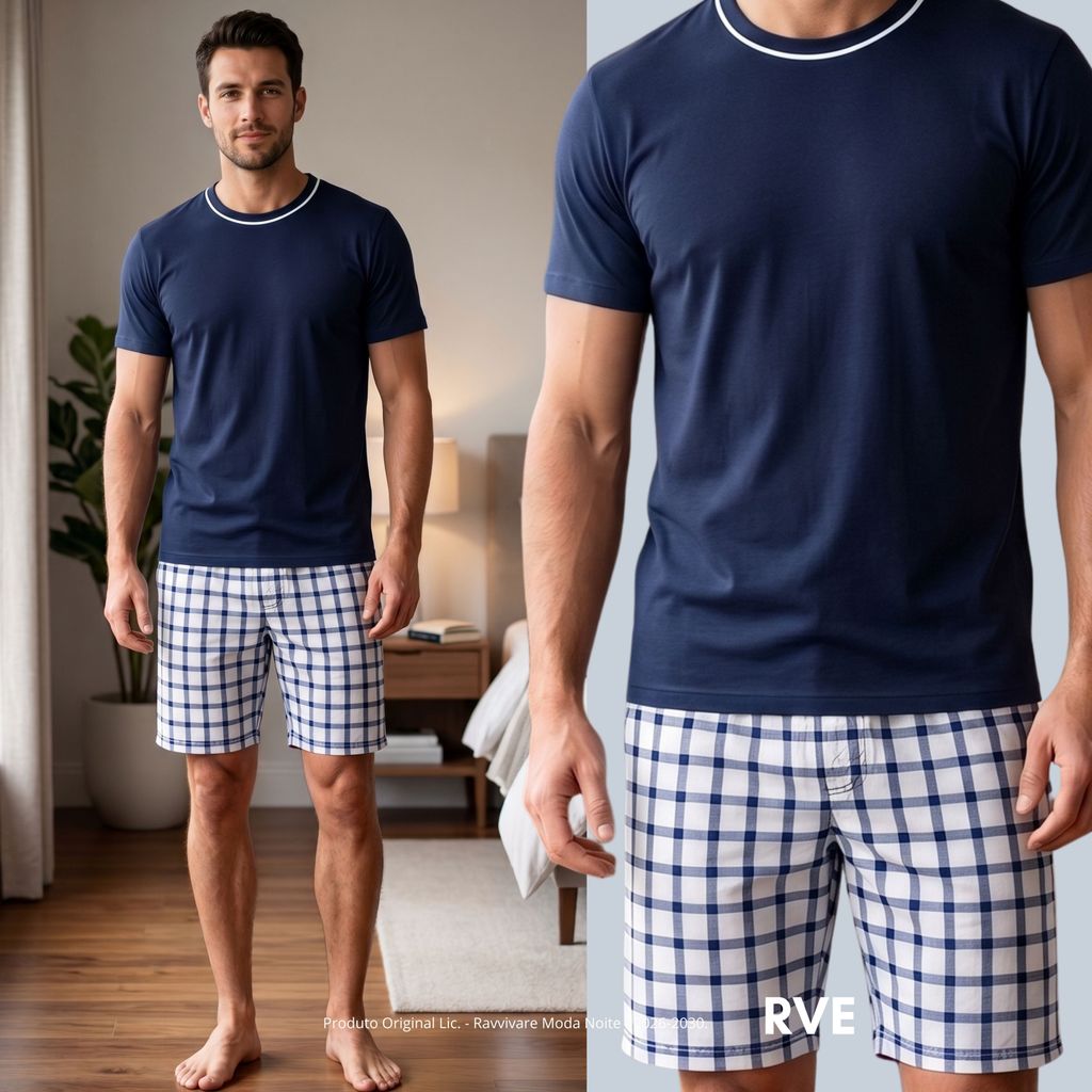 Pijama Masculino Adulto Verão Camisa e Short Xadrez Roupa de Dormir Confortável Elegante LUXO