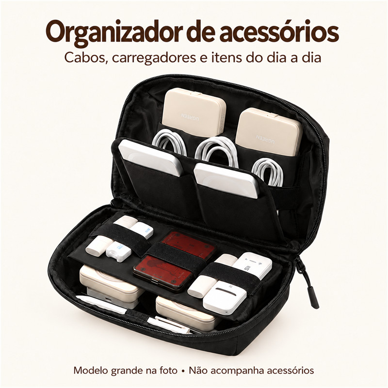 Bolsa Organizadora de Cabos e Eletrônicos para Viagem – Carregador, Power Bank e Fones, Repelente à Água