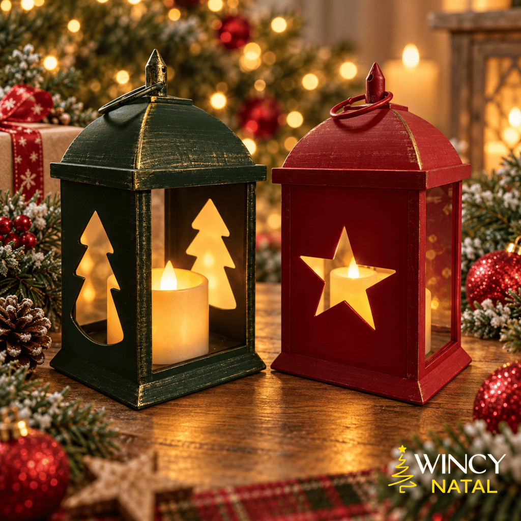 Lampião Natalino com Vela LED 2 Pilhas AA - Wincy Natal / Enfeite Decorativo Iluminado Natal Mesa Ceia