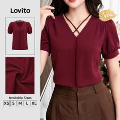 Lovito Blusa Feminina Bordô Elegante Manga Curta Gola V Cruzado e Pregas Primavera Verão Ano Novo Chinês e Traje de Trabalho BLB205P2D014