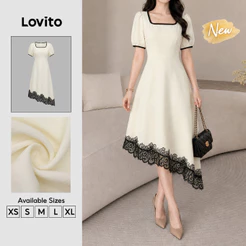 (New Arrival) Lovito Vestido Feminino Casual Longo De Cor Lisa Com Renda E Cores Contrastantes Corte Evasê Cor Damasco Para Primavera/verão E Fins De Semana Bordado DRT204P1D473
