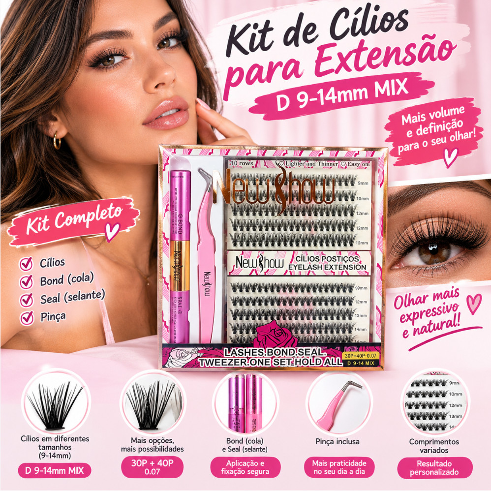 Kit de Cílios Postiços 9-14mm Mix de Comprimentos com Cola e