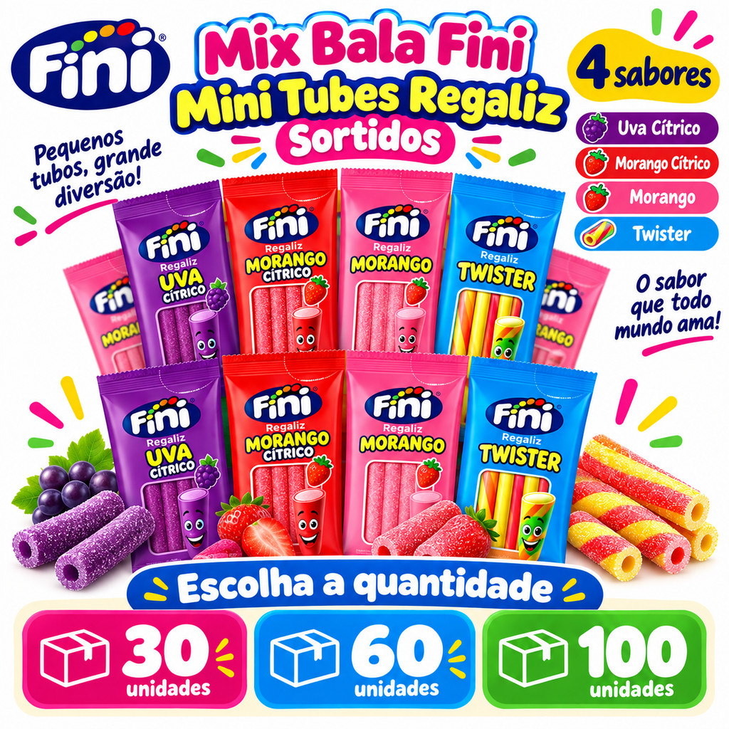 Bala Fini Mini Tubes Regaliz Mix Sabores Sortidos 30 60 100 Unidades