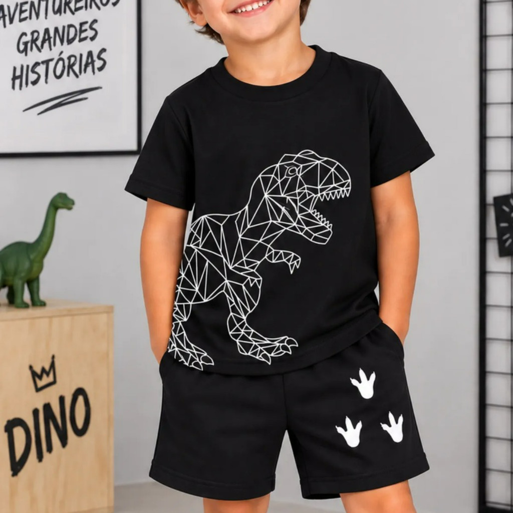 Conjunto Infantil Dinossauro T-Rex Menino Camiseta Estampada + Bermuda Preta Look Infantil Verão
