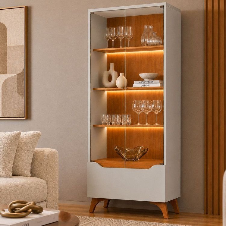 Cristaleira 2 Portas 1 Gaveta 3 Prateleiras com LED Pés em Madeira Maciça Grecia New Bege/Off Whit Off White/Naturalle