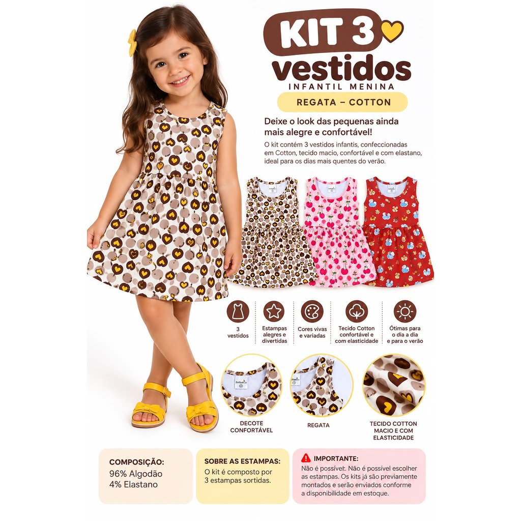 Kit 3 Vestidos Estampados Infantil Juvenil Feminino Menina Sortidos em Cotton Tamanho 2 ao 12