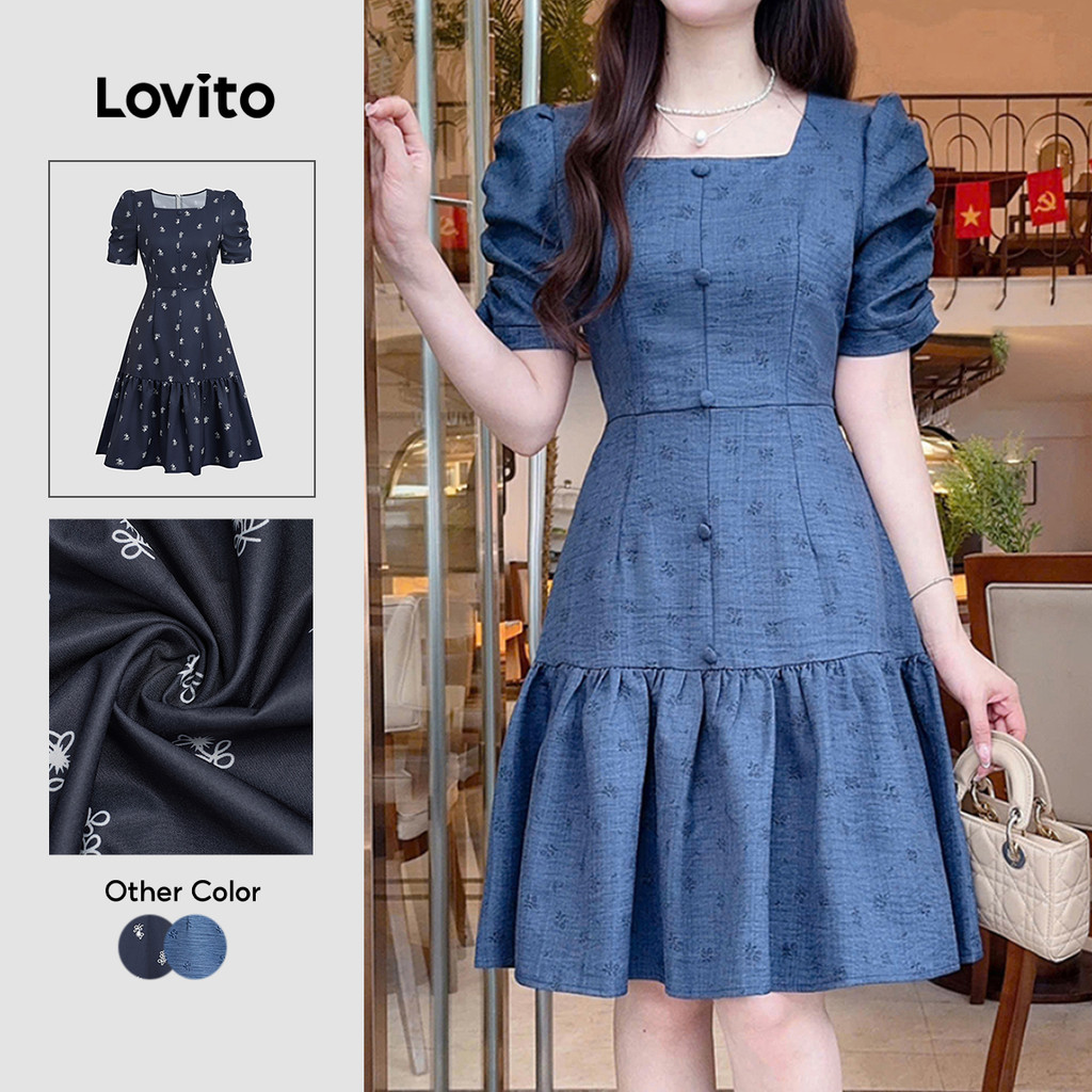 Nacional Lovito Elegante Vestido Feminino Azul Primavera/verão Resort Babados e Flores Confortável Estiloso L172ED280