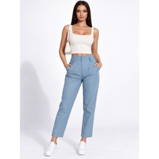 Calça Sarja Feminina de Cintura Alta com Corte Reto e Bolsos