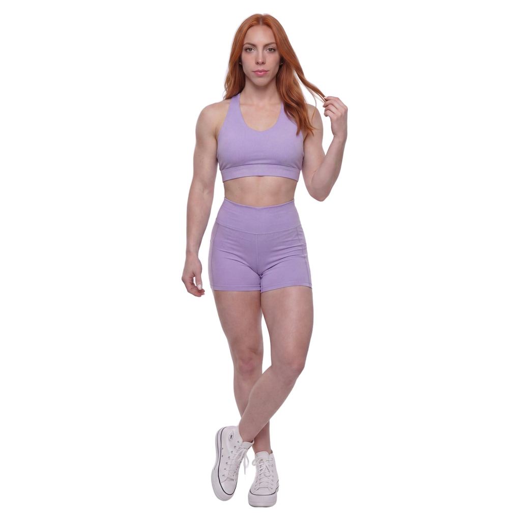 Conjunto Fitness Feminino Top Nadador e Short Cintura Alta com Bolso Poliamida Zero Transparência Dazpa Essencial