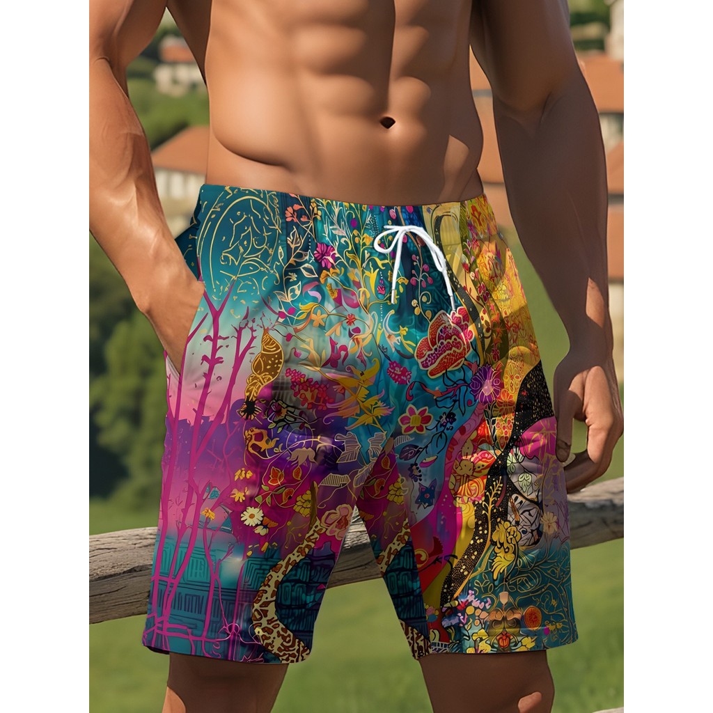 Shorts usando Design de Graffiti de arte colorida, contendo flores, animais, elementos arquitetônicos, estilo fantasia