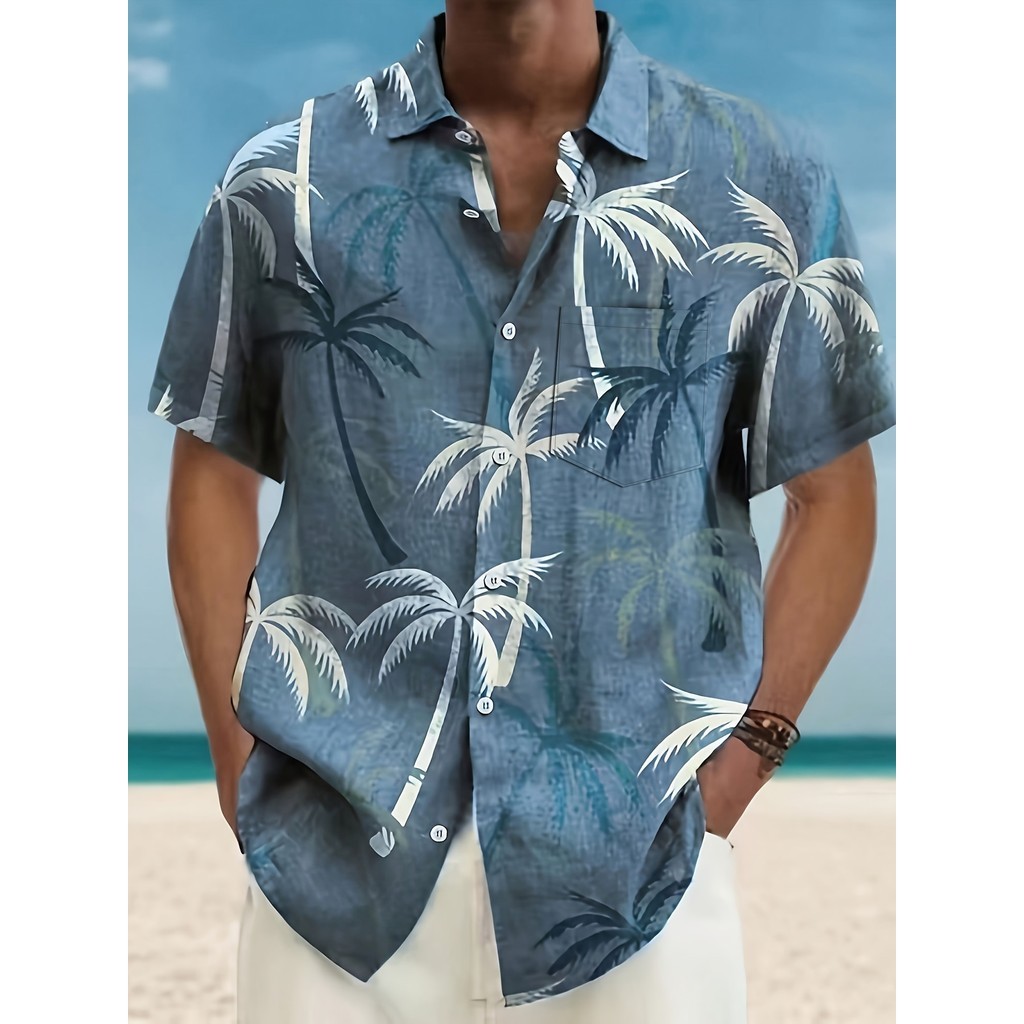 D2431 Camisa masculina verão camisa havaiana gradiente coco estampa fechada nas costas preto azul roxo verde arco-íris c