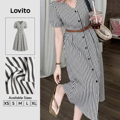 Lovito Vestido Casual Feminino Preto e Branco com Botões e Pregas para Primavera/Verão DRK8P2D642