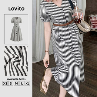 Lovito Vestido Casual Feminino Preto e Branco com Botões e Pregas para Primavera/Verão DRK8P2D642