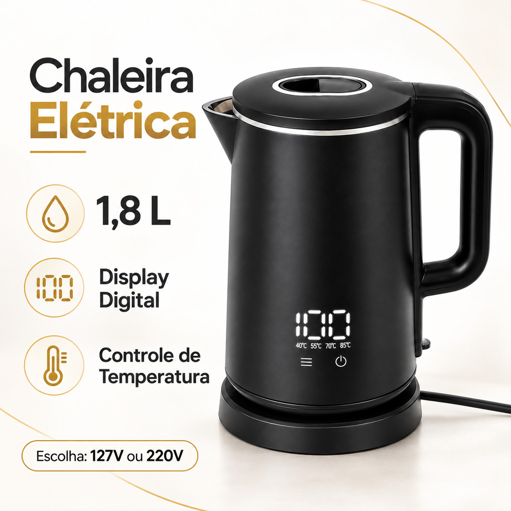Chaleira Elétrica Inox 1,8L 1500W com Display Digital e Controle de Temperatura 127V ou 220V