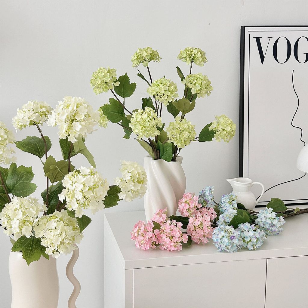 3 bolas de neve de hortênsia, flores de simulação, decoração de casa, sala de estar, flores falsas, salão de casamento, 