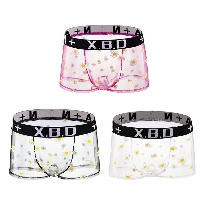 Cueca masculina transparente com padrão floral em tecido de malha, cós elástico, leve e respirável, 1 unidade.