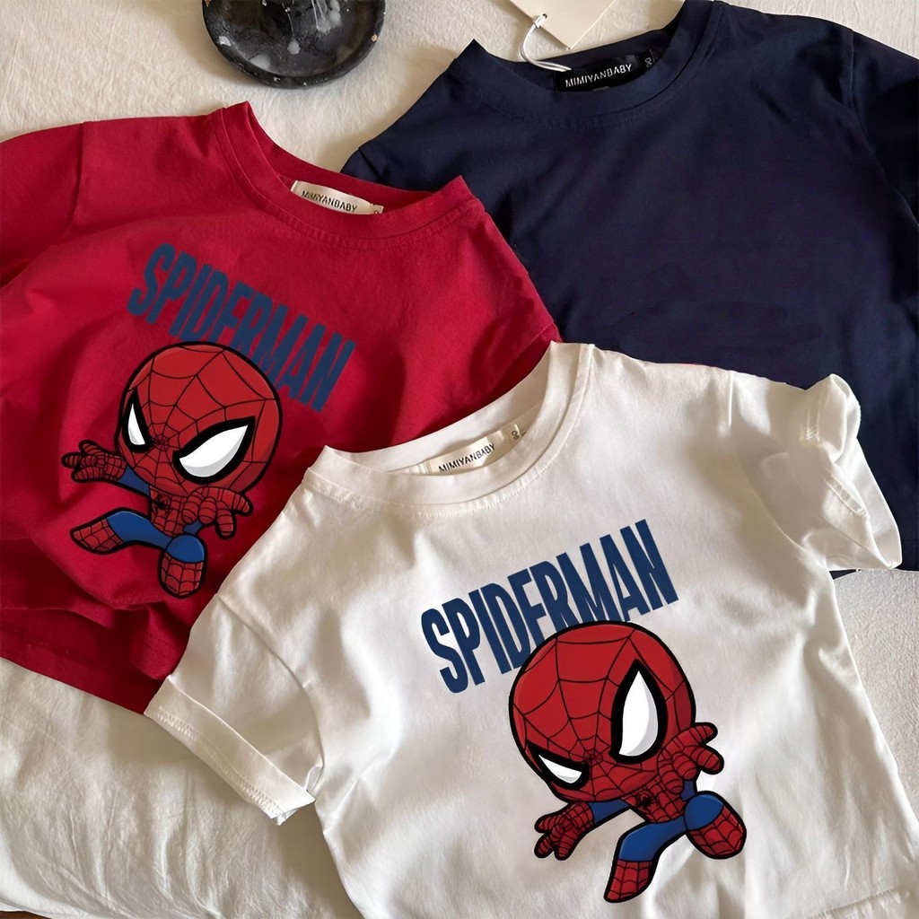 Camiseta do Homem-Aranha de manga curta para crianças médias e pequenas 2026 Cartão de versão coreana para meninos#中小童短袖
