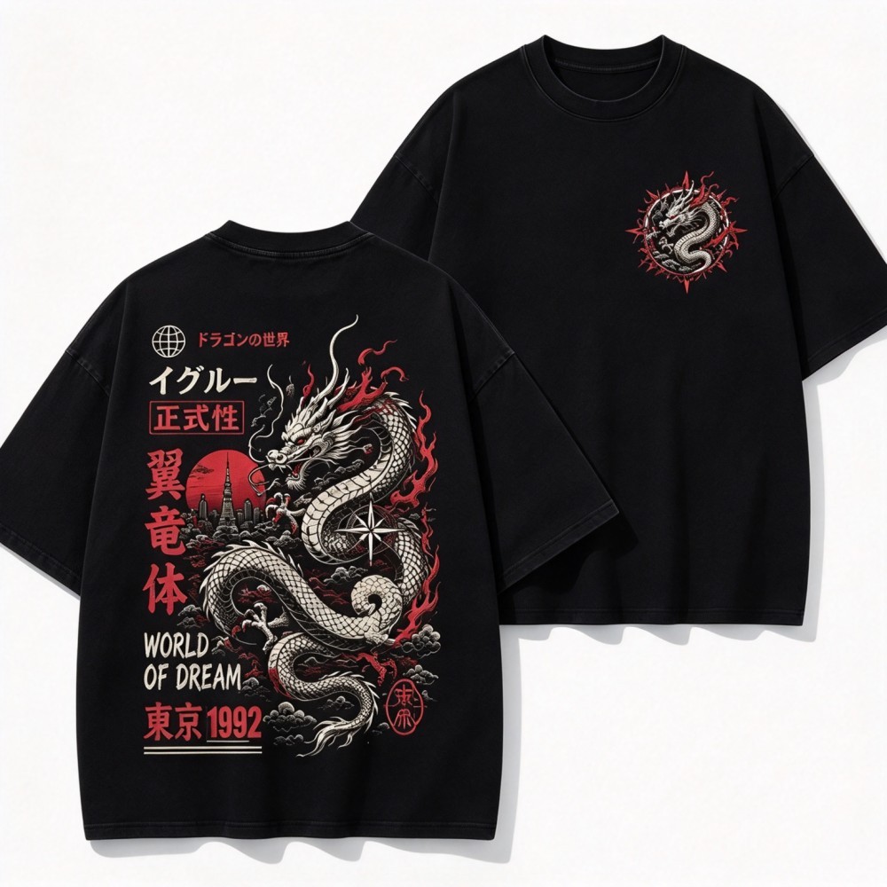 Camiseta Unissex Premium de Algodão Estilo Streetwear Cor Preta Estampa Dragão Japonês Para Uso Casual Passeio Diário