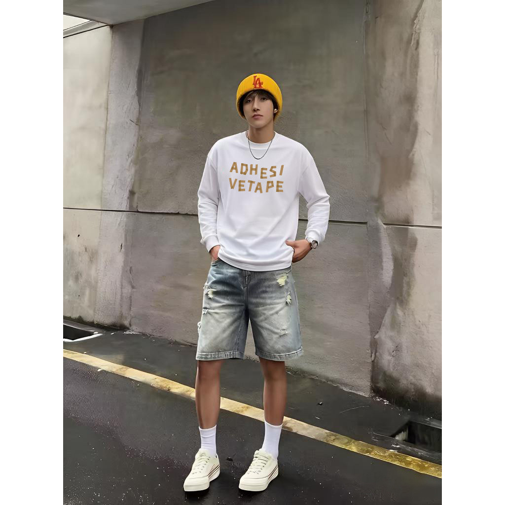 Americano Retro oversize carta impressão de manga comprida camiseta masculina 2026 primavera outono novo estilo pequeno 