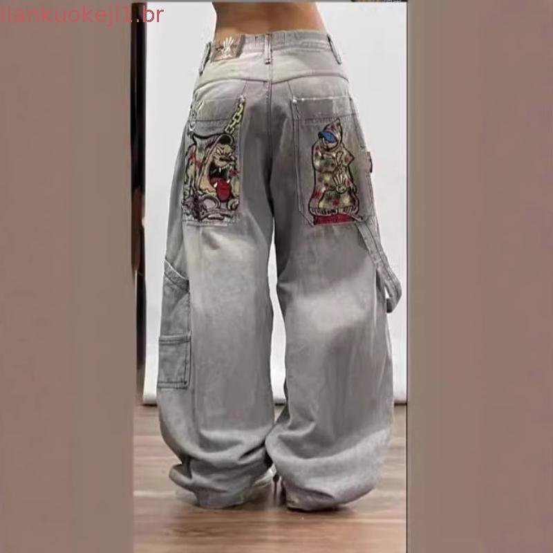 Calças Jeans Baggy Y2K Femininas Vintage com Letras Pretas Góticas Hip Hop Street Skate Harajuku Novas 2026
