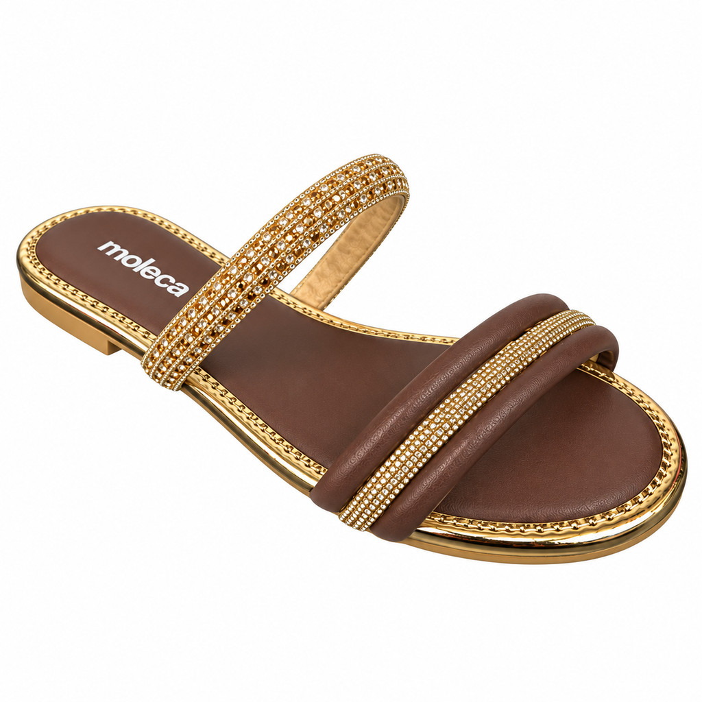 Sandália Moleca Feminina Rasteira Duas Tiras Strass Confortável Leve Casual Elegante Calçado Feminino Verão Dia a Dia