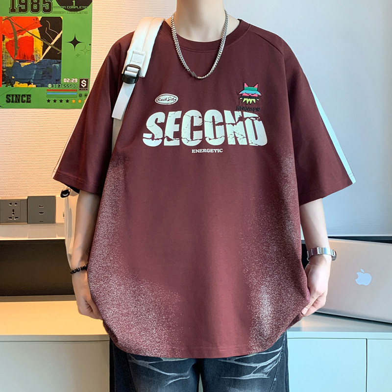 Ice Sense Xinjiang Algodão Americano Retro Impresso Camiseta de Manga Curta Masculina Solta Casual Gola Redonda Top Tren