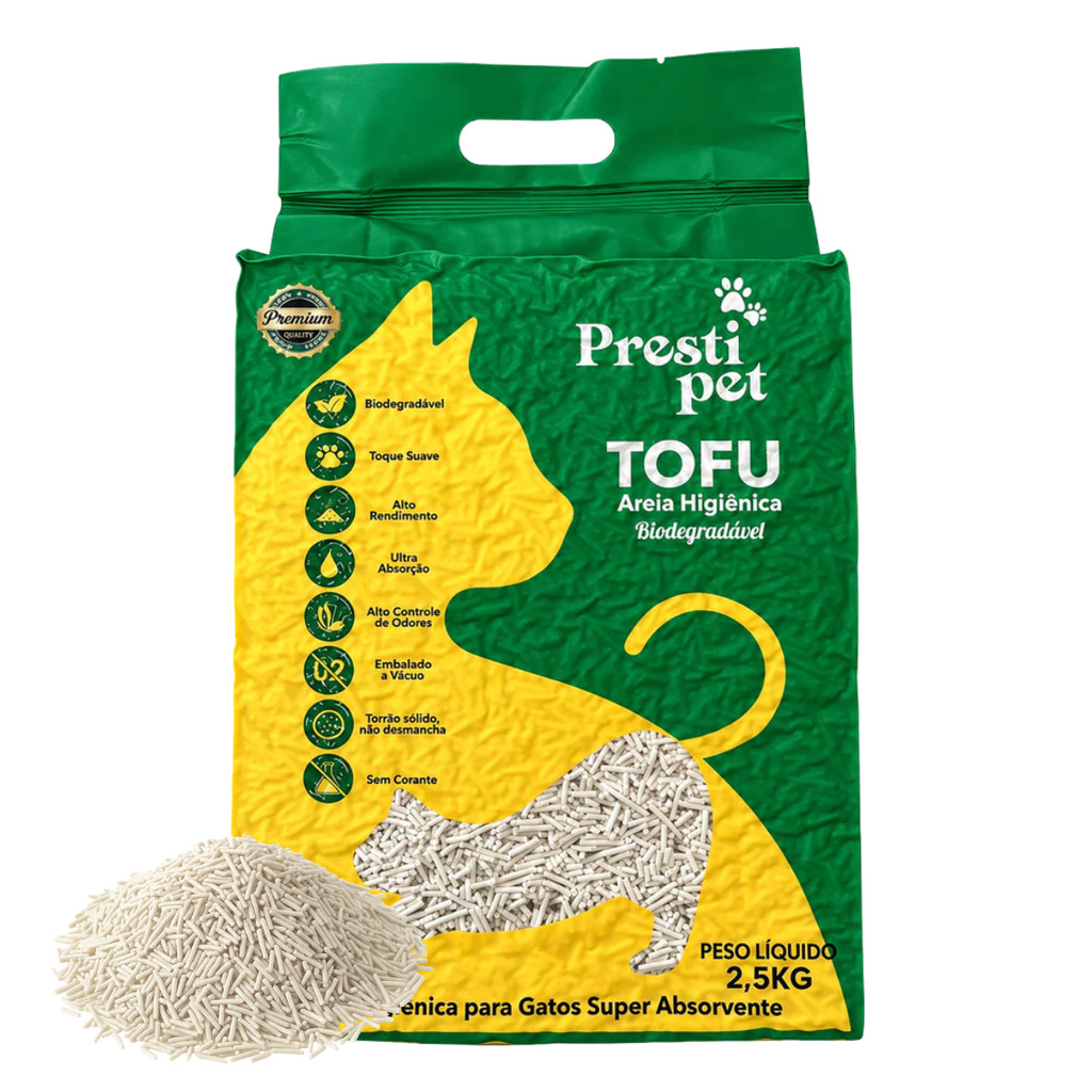 Areia Higiênica para Gatos de Tofu Biodegradável Controle de Odores Torrões Firmes 2,5kg PrestiPet