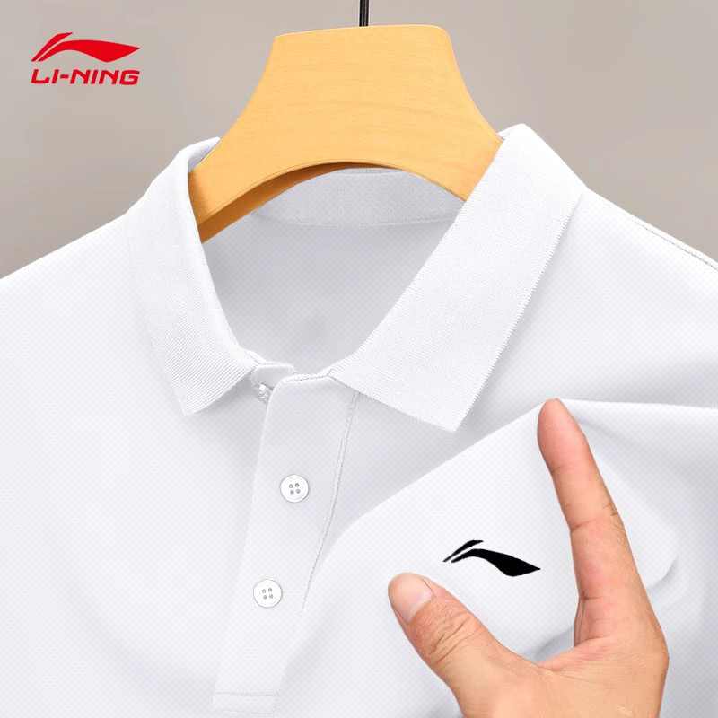 Li Ning camisa polo masculina de manga curta pai usar algodão puro respirável camisa esportiva gola masculina lapela fin
