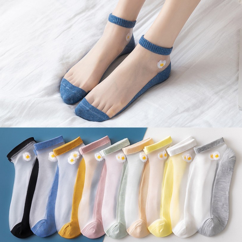 Meias pequenas margaridas femininas ins influenciador da moda tubo curto boca rasa estilo fino cristal vidro seda crista