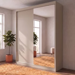 Guarda-Roupa Solteiro 2 Portas e 1 Espelho 100% MDF Geneve Bege/Panna Panna