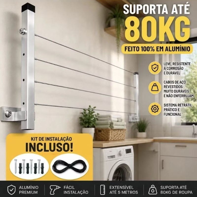 Varal De Roupa Reforçado 80 Kg Dobrável 2 Hastes 4 Metros Alumínio Cro