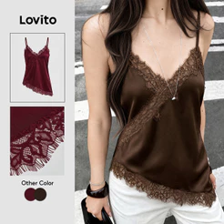 Lovito Top Preto Sexy Sem Mangas Com Alças Finas Gola Com Babado Assimétrico E Vazado Casual Primavera/Verão Para Fim De Semana Para Mulheres TKB203TD135