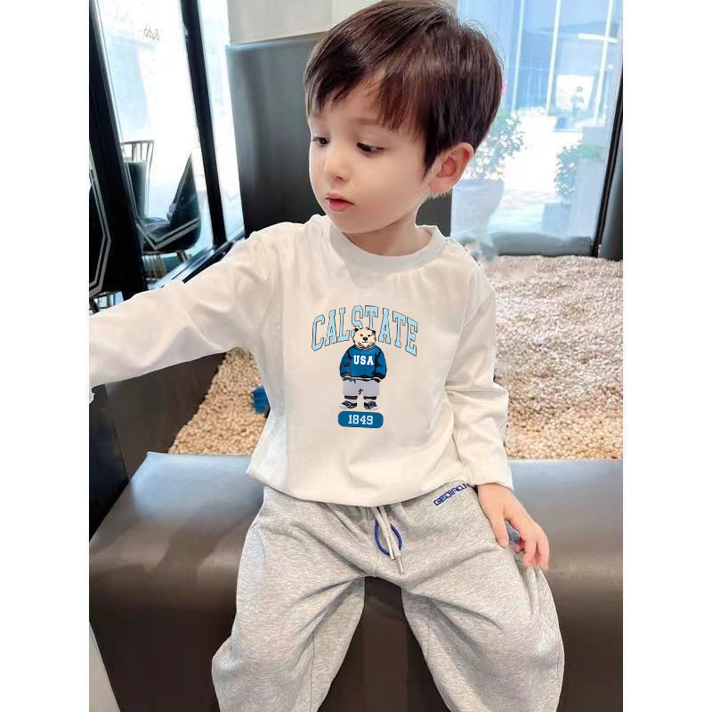 Algodão puro meninos branco manga comprida camiseta primavera outono novo estilo médio pequeno crianças bebê moda dos de