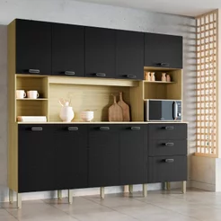 Armário para Cozinha 10 Portas 2 Gavetas Balcão com Tampo Intense Preto/Freijó/Nero Freijó/Nero