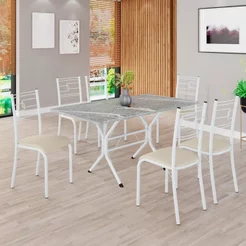 Conjunto Sala de Jantar Mesa Retangular 140x75cm Tampo Granito Topázio 6 Cadeiras Paraty Branco/Creme Creme/Branco