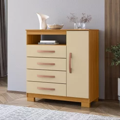 Cômoda para Quarto Sapateira 1 Porta 4 Gavetas Nicho Itapema Bege/Carvalho Americano/Off White Carvalho Americano/Off