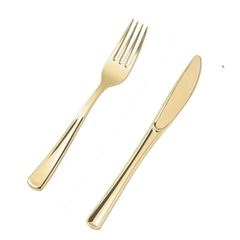 Kit 50 Talheres Luxo De Plástico De Ouro,25pcs Garfos+25pcs Facas