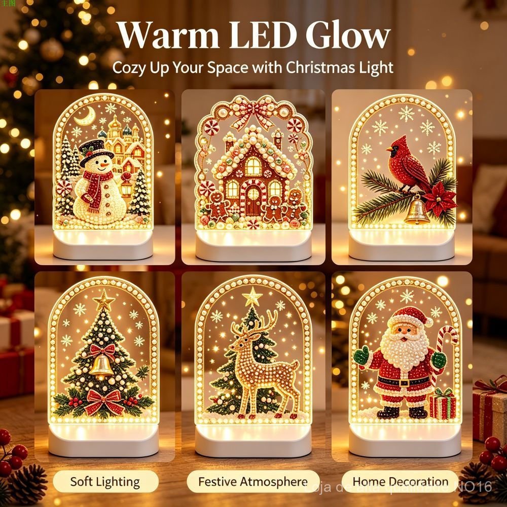 Luminária de Natal com Pintura de Diamantes LED - Kit de Ornamento de Mesa em Acrílico com Boneco de Neve, Árvore e Glob
