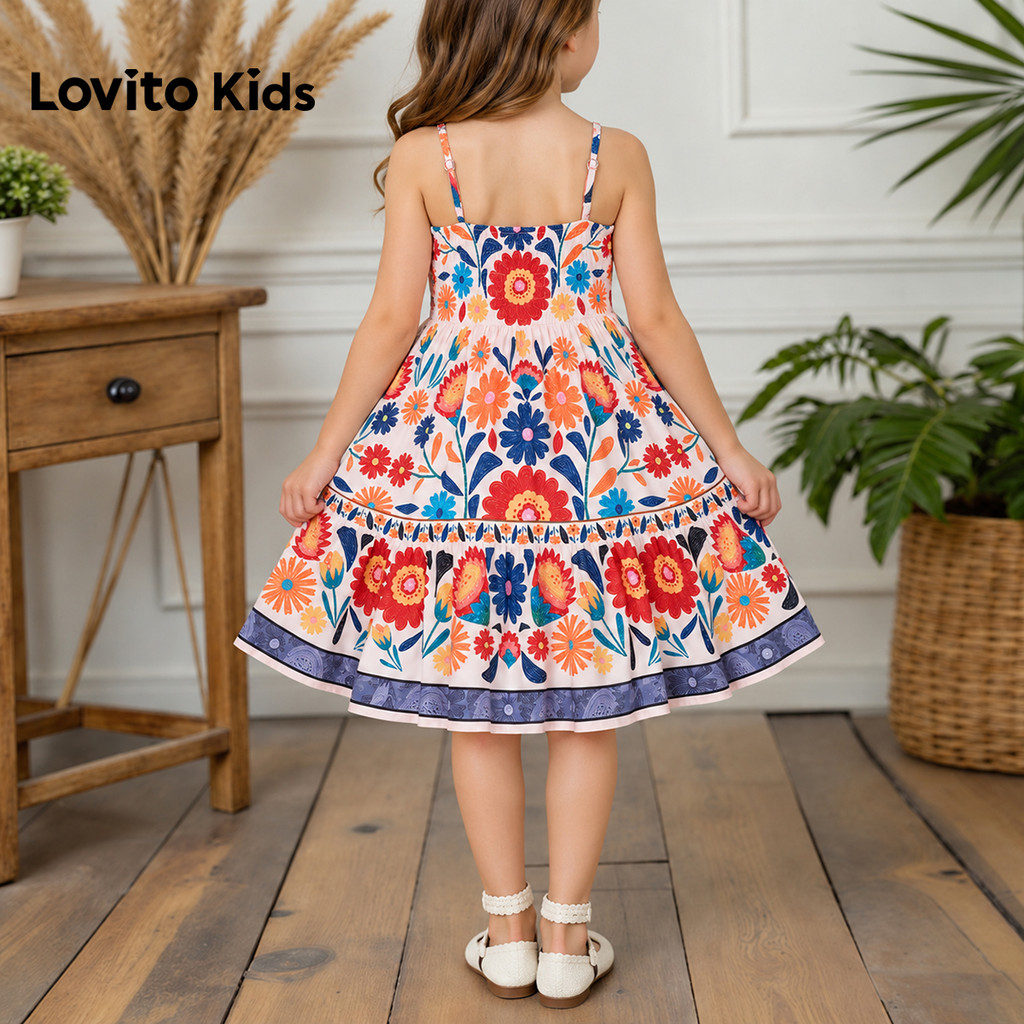 (New Arrival) Lovito Kids Vestido Casual Boho Para Menina Com Estampa De Caxemira Babados Comprimento Até Ao Joelho E Corte Evasê Para Primavera Verão Férias E Fins De Semana DRB210BK016 — imagem 2 de 2