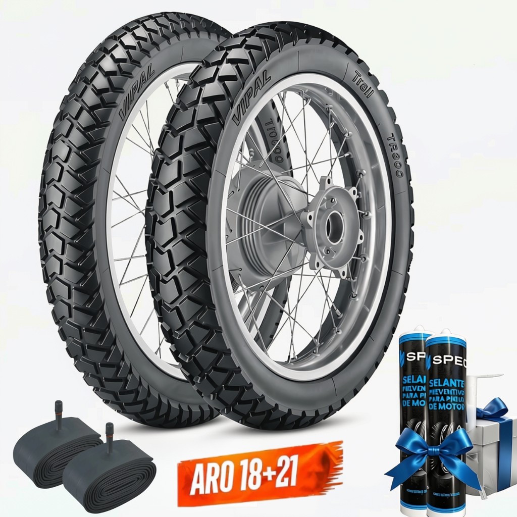 KIT PAR PNEU 130/80-18 66S + 90/90-21 54S VIPAL TR300 TT + CAMARAS SHIVER 18 E 21 + SELANTE BRINDE