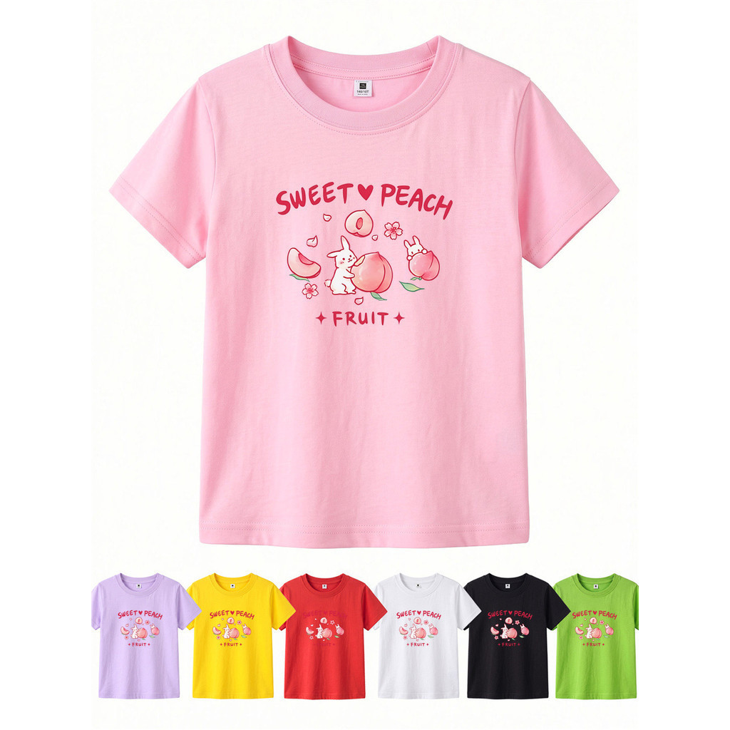 Bonito Doce Pêssego Coelho Impressão Meninas Algodão Camiseta Crianças Manga Curta Multi Cor Disponível