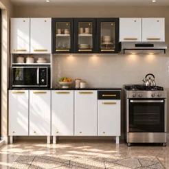 Cozinha de Aço Compacta Modulada 4 Peças 12 Portas 1 Gaveta Diamante Branco/Preto Branco/Preto