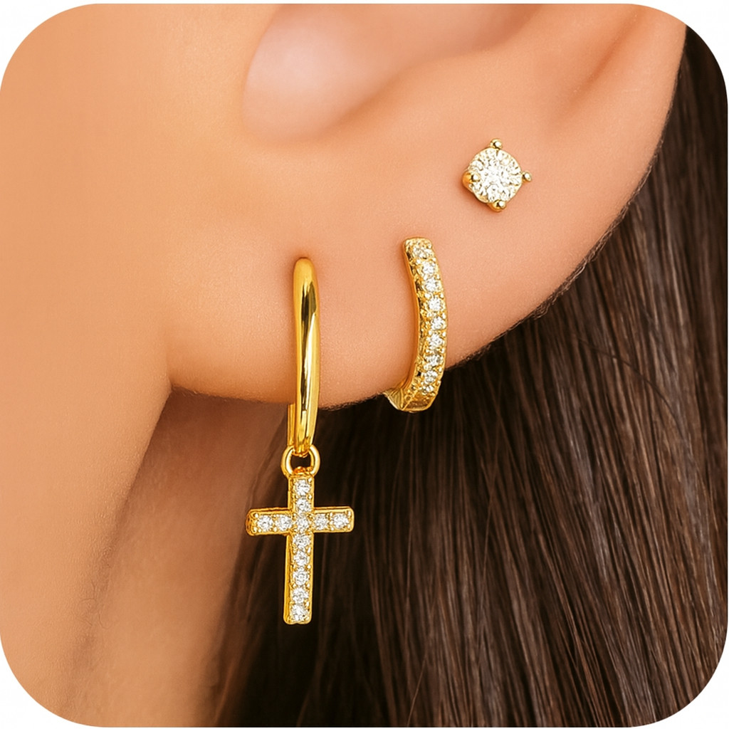 Kit 3 pares de brincos femininos com pingente de cruz em prata 925, incrustados com zircônia de alta qualidade em Oferta na Shopee