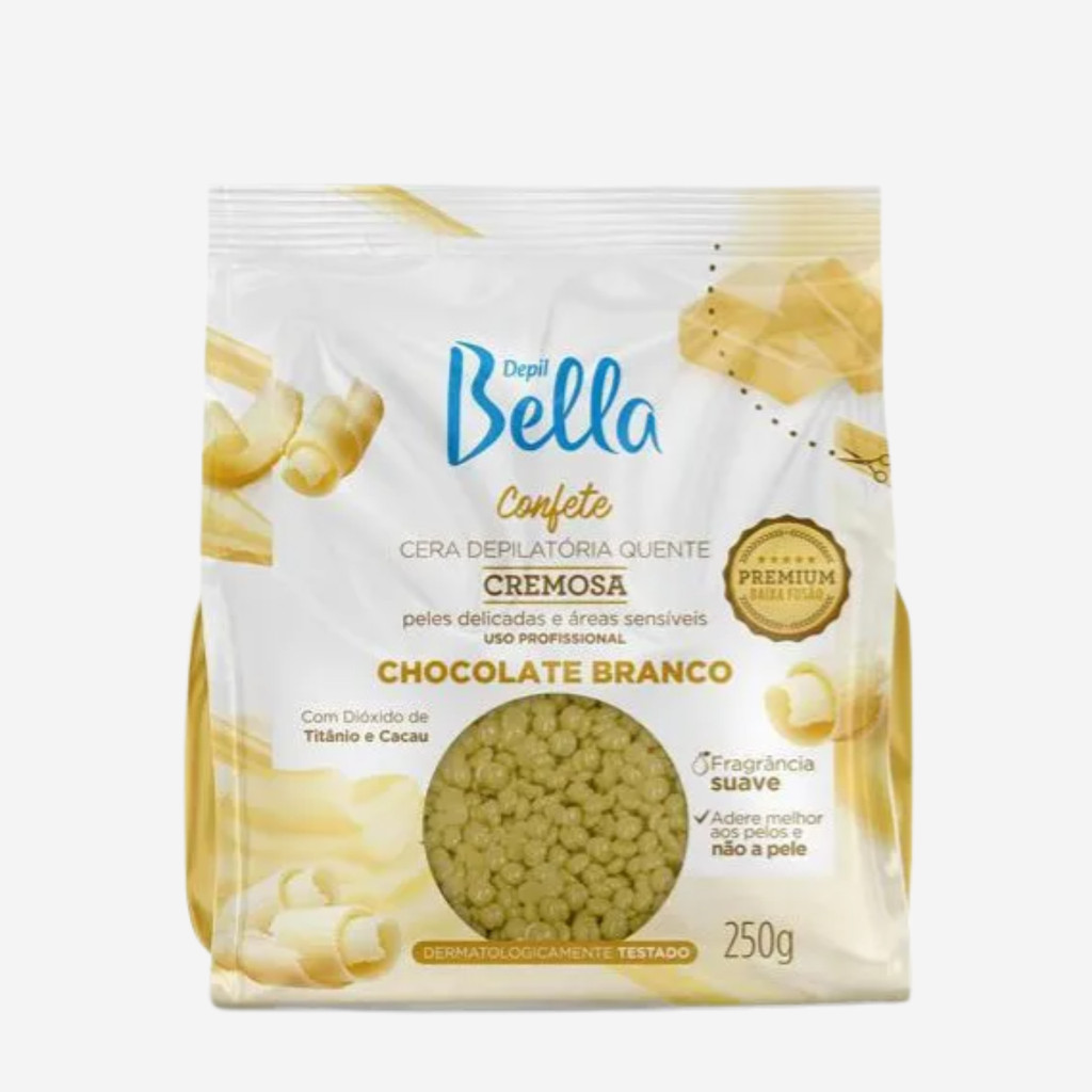 Cera Depil Bella Confete Chocolate Branco 250g em Oferta na Shopee