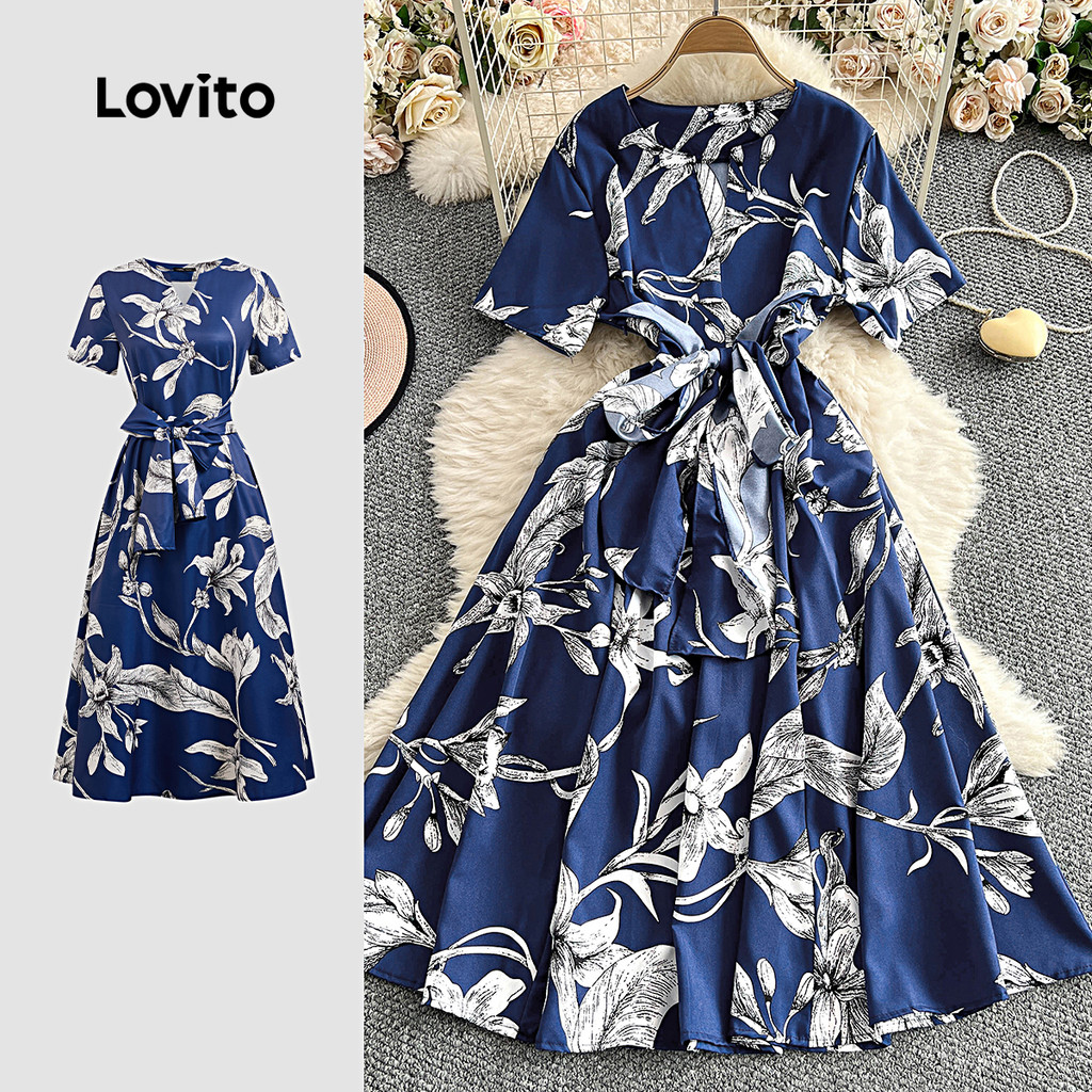Lovito Vestido Casual Azul E Branco Com Cinto Para Primavera/verão L149ED1017 em Oferta na Shopee
