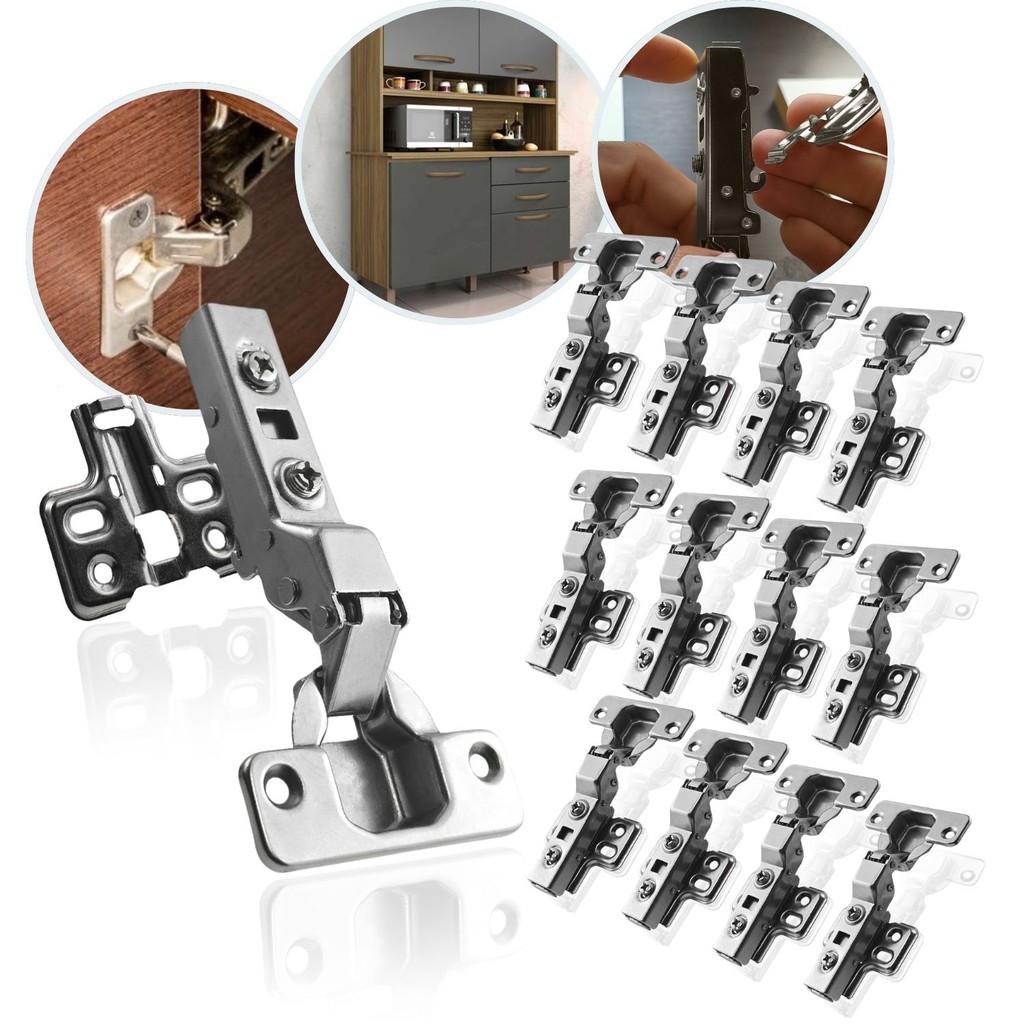 Kit 20 Dobradiça Curva 35mm Click Amortecedor Portas Móveis Armário Caneco Resistente Mola Calço Soft Close Clique